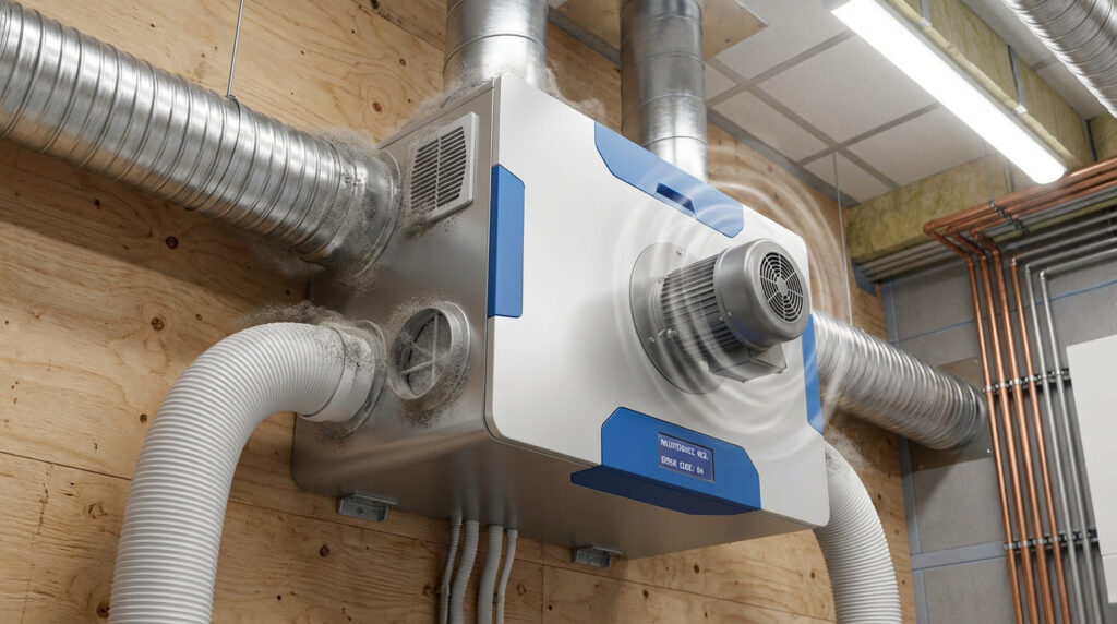 Une VMC double flux murale avec conduits métalliques et flexibles, visiblement encrassée. Des ondes stylisées symbolisent le bruit.