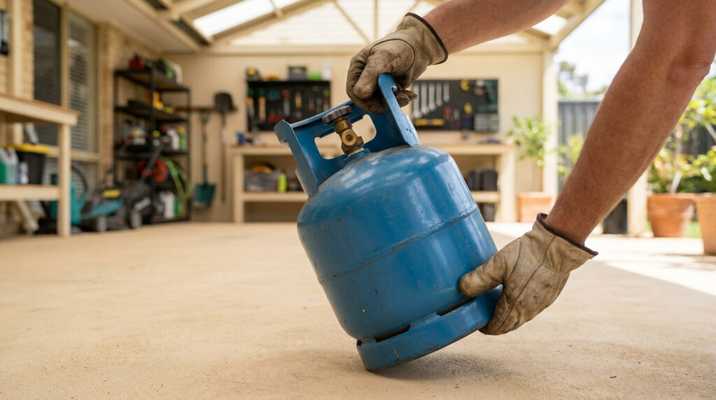 Mains gantées manipulant une bouteille de gaz bleue sur le sol d'un atelier. L'image illustre la préparation pour vérifier ou recycler un cylindre vide.