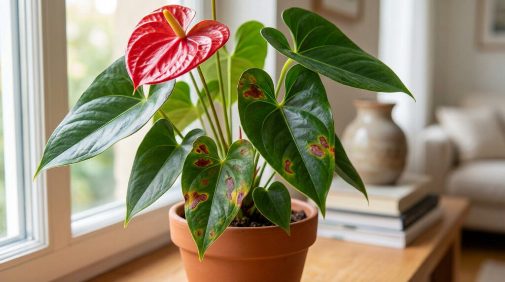 Un anthurium en pot d'argile, ses feuilles vertes présentent des taches de rouille brun-rouge distinctes, avec une fleur rouge.