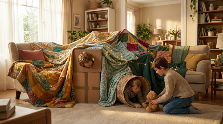 Deux enfants s'amusent dans une cabane d'intérieur faite de couvertures, de boîtes en carton et de guirlandes lumineuses, dans un salon chaleureux.