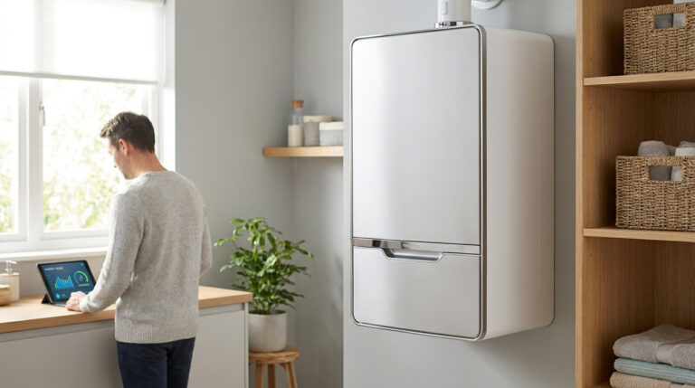 Un homme consulte les données énergétiques sur une tablette à côté d'une chaudière à condensation murale et design.