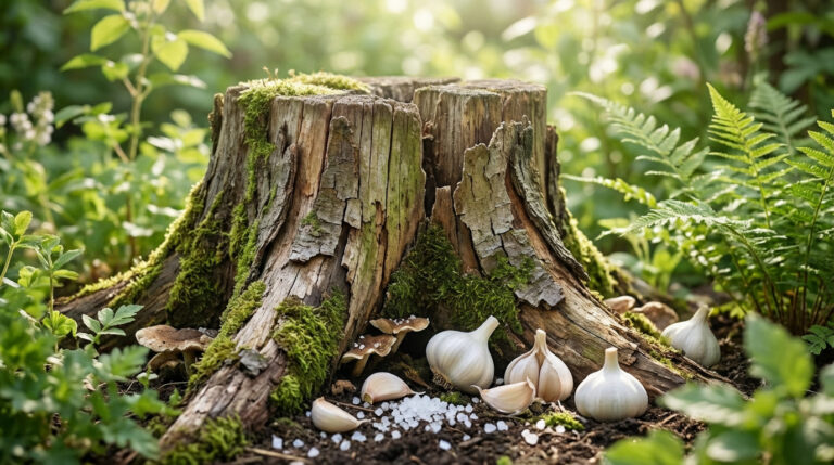 Souche d'arbre moussue au soleil, entourée d'ail, de sel et de champignons, symbolisant la décomposition naturelle.