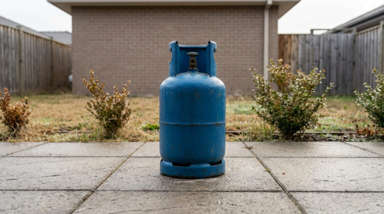 Grosse bouteille de gaz bleue, couverte de gouttes d'eau et légèrement rouillée, posée sur des dalles de béton en extérieur, avec un jardin en arrière-plan.