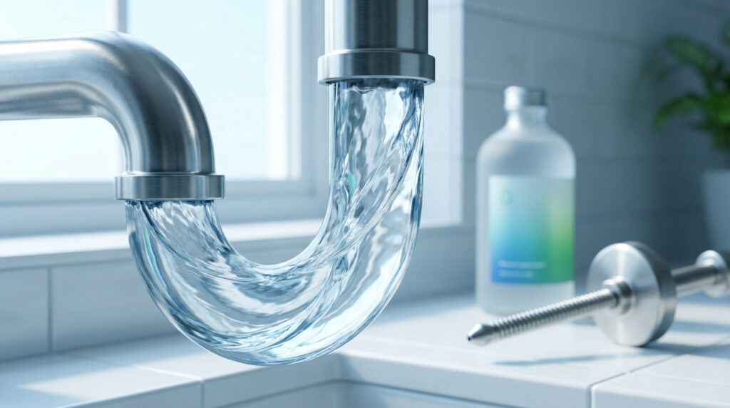 Gros plan sur un siphon transparent en U où l'eau claire s'écoule. Un déboucheur et un outil de plomberie sont visibles en fond.
