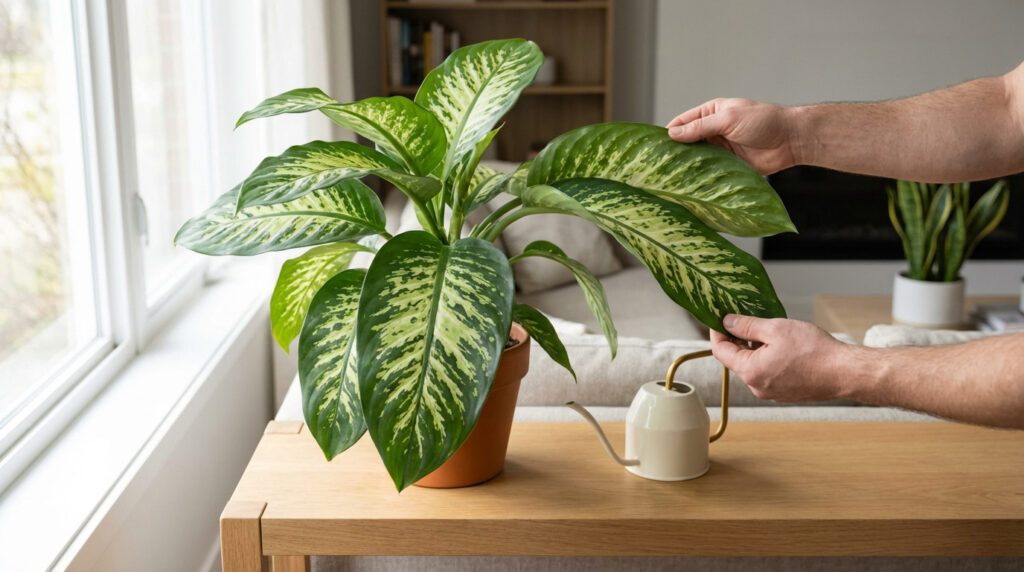 Une personne inspecte les feuilles d'un Dieffenbachia variegata près d'une fenêtre avec un arrosoir sur la table.