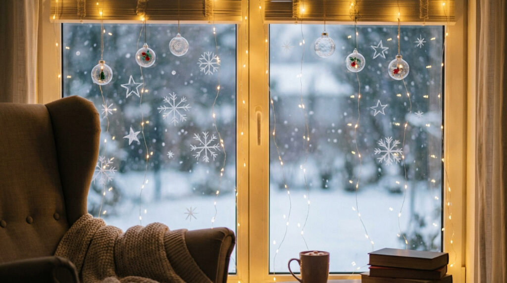 Fenêtre décorée de Noël avec guirlandes lumineuses, boules et flocons, vue sur un paysage enneigé. Intérieur cosy avec fauteuil et boisson chaude.