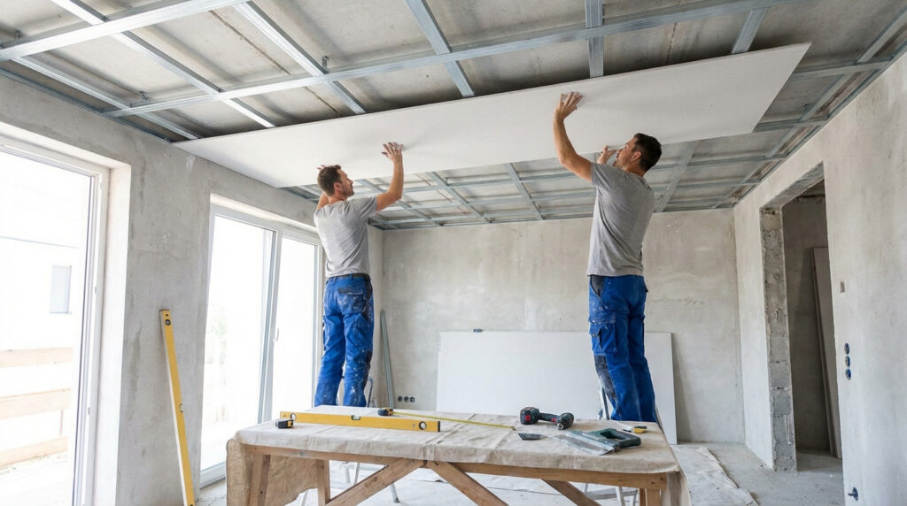 Deux ouvriers installent une plaque de placo sur une structure métallique pour un faux-plafond dans un chantier de rénovation.