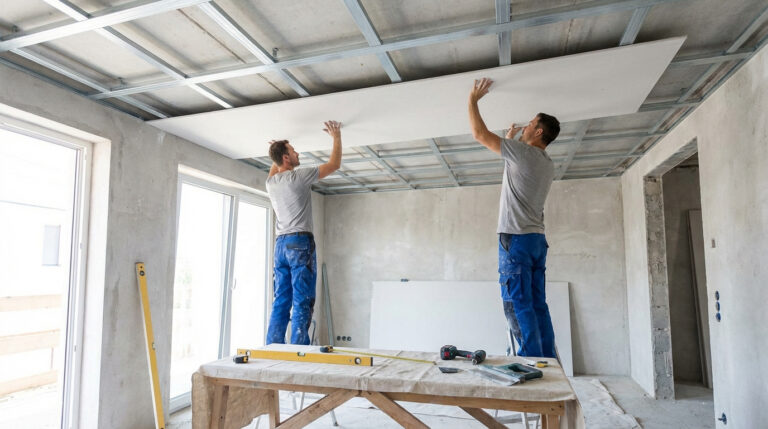 Deux ouvriers installent une plaque de placo sur une structure métallique pour un faux-plafond dans un chantier de rénovation.