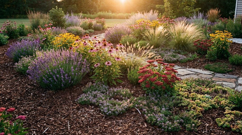 Parterre fleuri luxuriant avec lavande, échinacée, graminées et sedum, baigné d'une lumière de soleil couchant dorée, avec chemin de pierres.