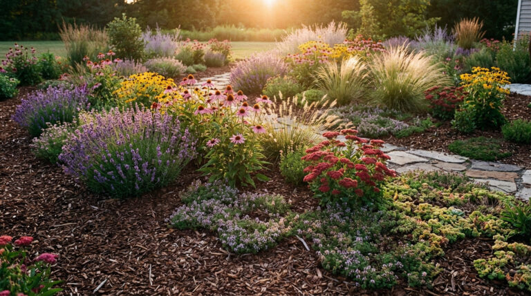 Parterre fleuri luxuriant avec lavande, échinacée, graminées et sedum, baigné d'une lumière de soleil couchant dorée, avec chemin de pierres.