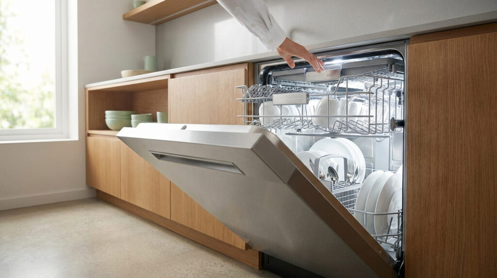Main interagissant avec un lave-vaisselle encastré ouvert. Intérieur blanc, vaisselle propre, cuisine moderne lumineuse.