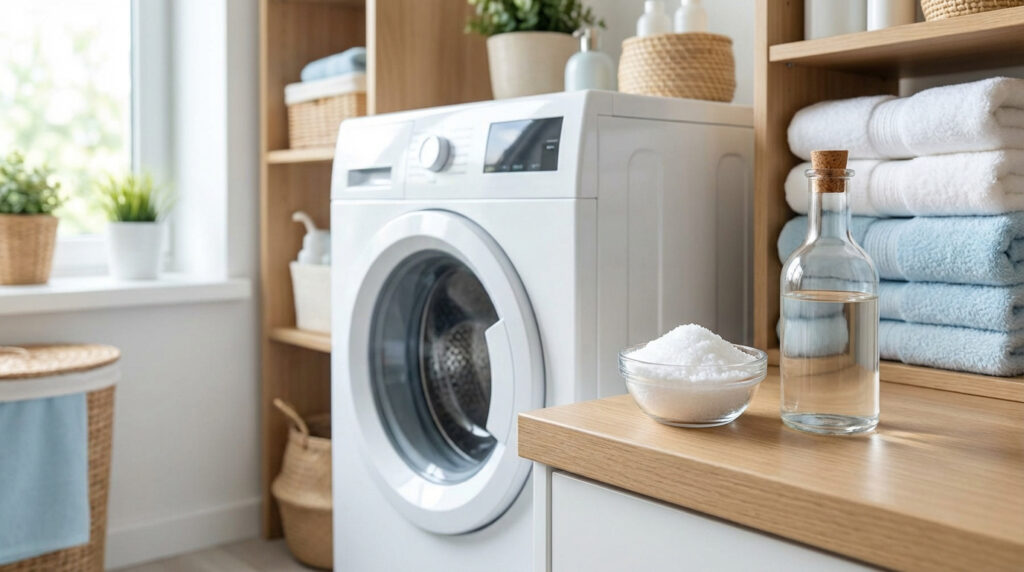 Machine à laver blanche avec cristaux de soude et vinaigre sur un plan de travail en bois. Serviettes propres sur étagère.