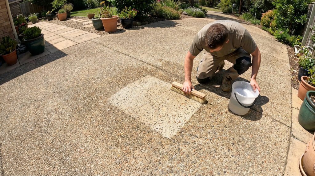 Un homme agenouillé nettoie un béton désactivé sale avec une brosse et un seau d'eau savonneuse, révélant une surface plus claire.