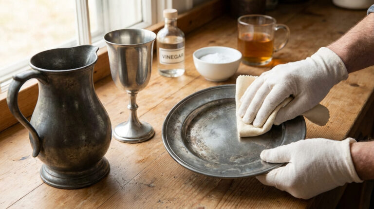 Personne gantée nettoyant une assiette en étain oxydée avec un chiffon, avec du vinaigre et d'autres objets en étain sur une table en bois.