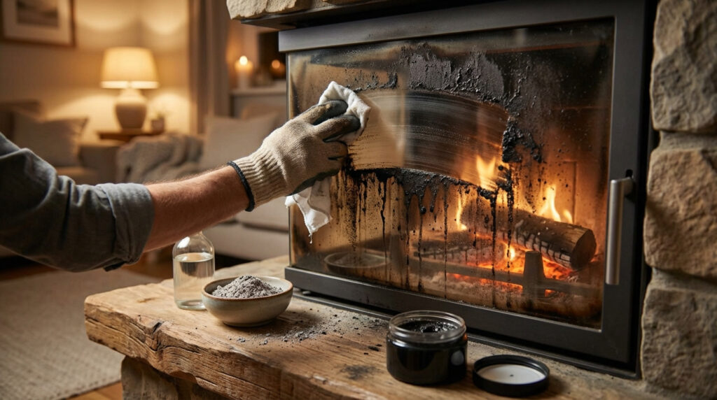 Main gantée nettoyant une vitre de cheminée très sale avec des produits naturels, cendres et eau, près d'un feu.