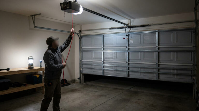 Un homme tire une corde rouge d'urgence pour ouvrir manuellement une porte de garage grise, partiellement ouverte, éclairé par une lanterne et des lampes de poche dans un garage sombre.