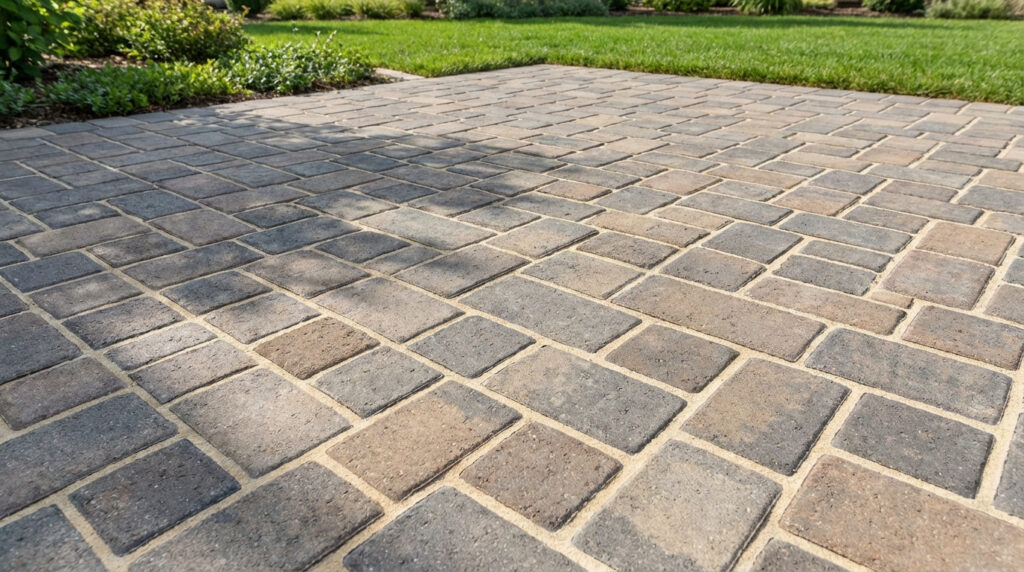 Une allée ou terrasse en pavés gris et beiges, avec des joints remplis de sable polymère beige. De l'herbe et des plantes verdoyantes sont visibles en arrière-plan.