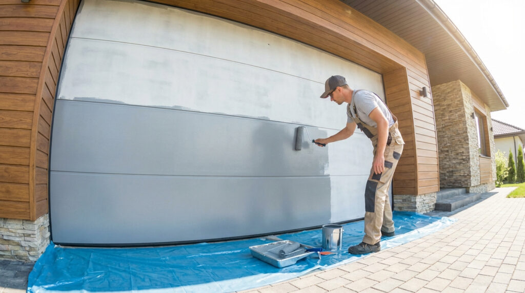 Un homme en salopette et casquette peint une porte de garage moderne en gris avec un rouleau, protégeant le sol. Travaux de rénovation extérieure.