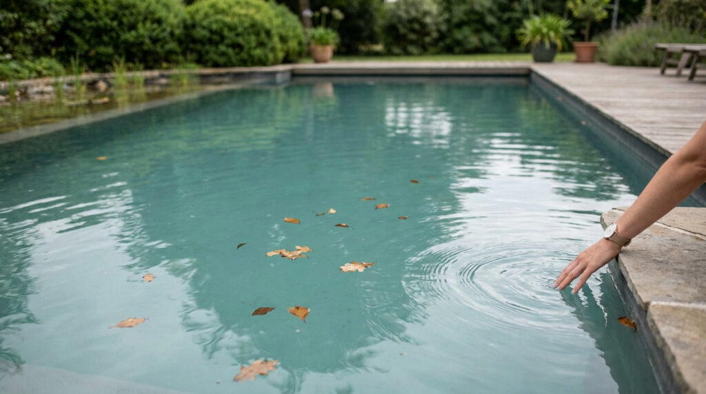Une main effleure la surface d'une piscine naturelle aux eaux vertes, parsemée de feuilles mortes. Le bassin est entouré de végétation et d'une terrasse en bois.