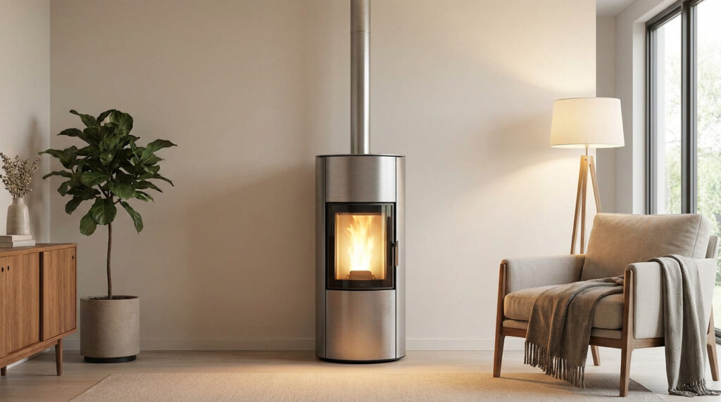 Un poêle à granulés en métal brossé avec flamme visible dans un salon moderne et épuré. Un fauteuil, une plante et une lampe à côté.