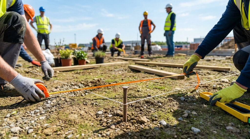 Ouvriers en sécurité traçant précisément des fondations avec mètre et cordeau sur un chantier ensoleillé.