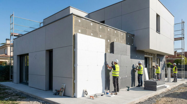 Ouvriers posant des panneaux d'isolation thermique en polystyrène (blanc et gris) sur la façade extérieure d'une maison moderne.