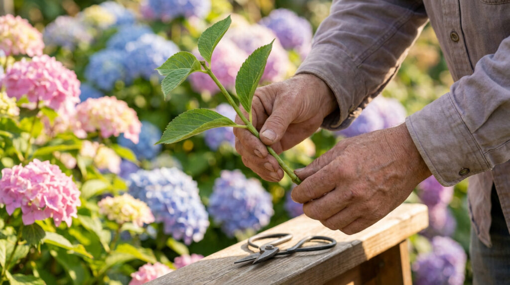 Mains d'une personne tenant une bouture d'hortensia fraîche, prête à être plantée, avec des fleurs colorées en arrière-plan.