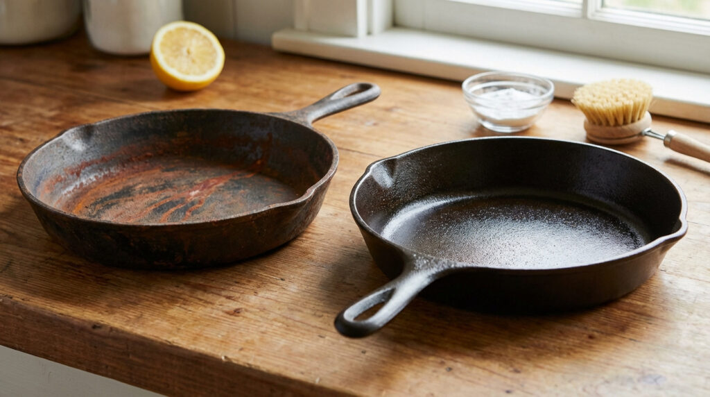 Deux poêles en fonte sur une table en bois : une rouillée et une nettoyée et assaisonnée, avec citron, bicarbonate et brosse.