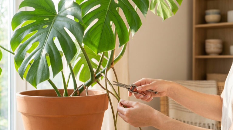 Personne coupant une racine aérienne d'un Monstera dans un pot en terre cuite avec des ciseaux de taille, devant une fenêtre et une étagère.