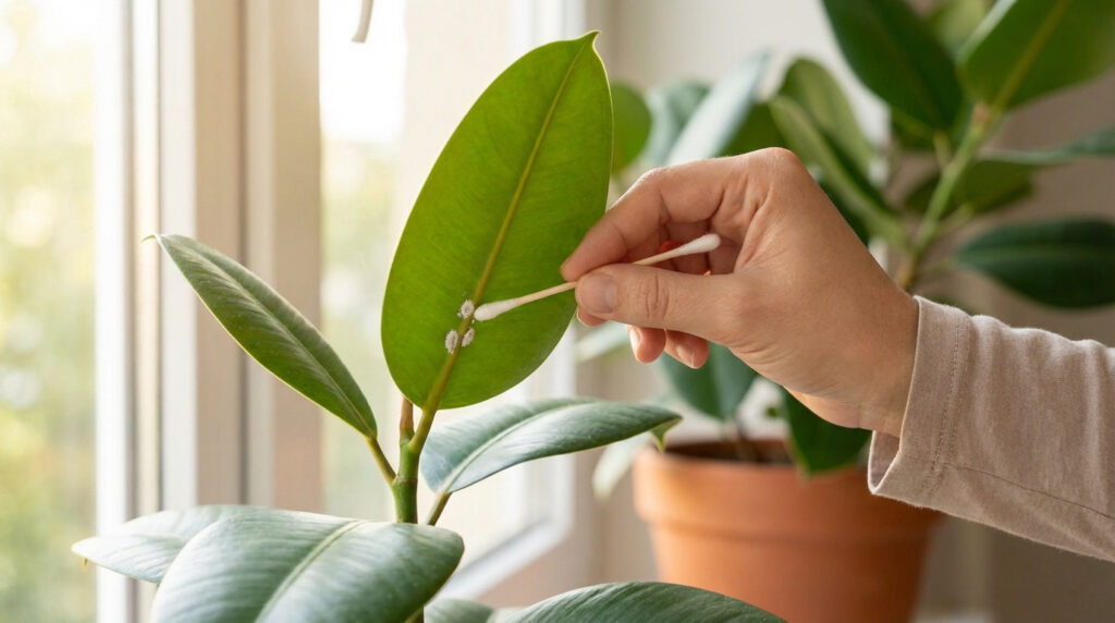 Une main utilise un coton-tige pour retirer des cochenilles farineuses blanches d'une feuille verte de ficus près d'une fenêtre.