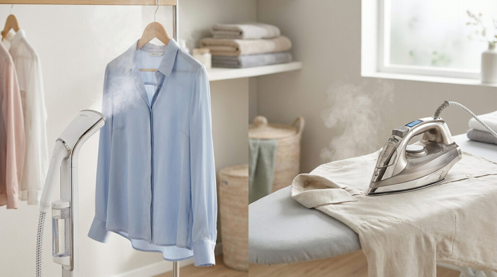Image comparant un défroisseur vapeur sur une chemise bleue suspendue à gauche, et un fer à repasser sur une chemise beige à droite.