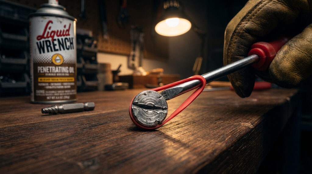 Une main gantée utilise un tournevis et un élastique rouge pour tenter de dévisser une vis à tête abîmée sur un établi.