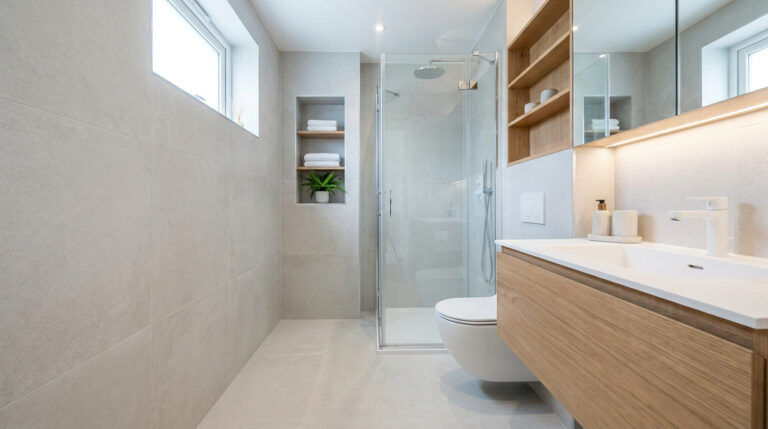 Vue d'une salle de bain moderne et compacte avec douche à l'italienne, meuble vasque en bois, toilettes suspendues et carrelage clair.