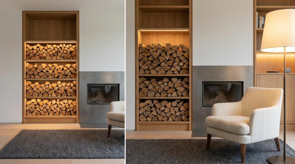 Étagère en bois intégrée remplie de bois de chauffage, cheminée moderne et fauteuil beige dans un salon lumineux.