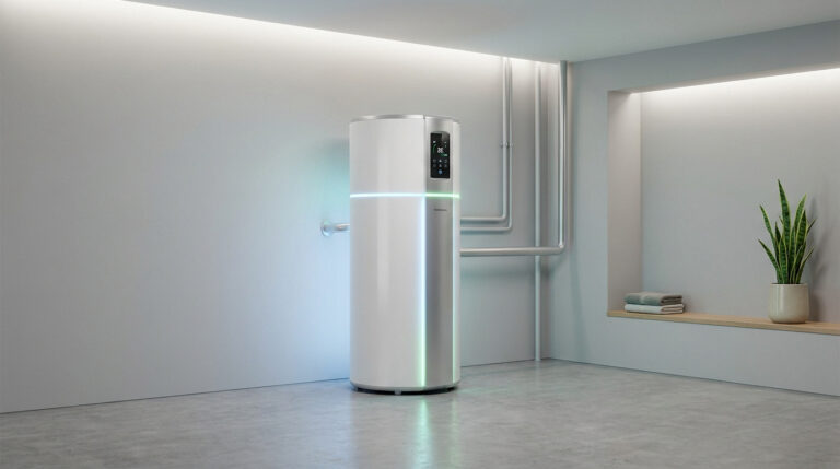 Chauffe-eau thermodynamique blanc moderne avec écran et LED dans une pièce minimaliste. Serviettes et plante décorent la niche.
