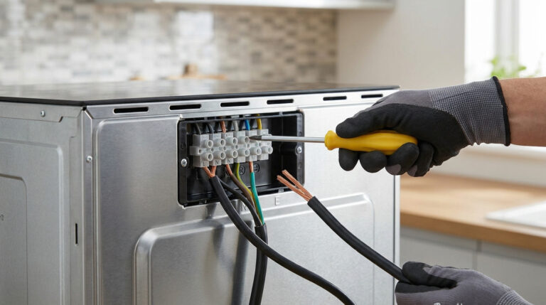 Une main gantée connecte des fils électriques à un bornier situé à l'arrière d'une gazinière Indesit avec un tournevis.