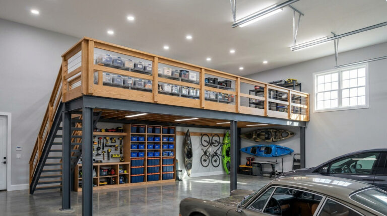 Intérieur de garage moderne avec une mezzanine en bois et acier, offrant un vaste espace de rangement et un atelier bien organisé.