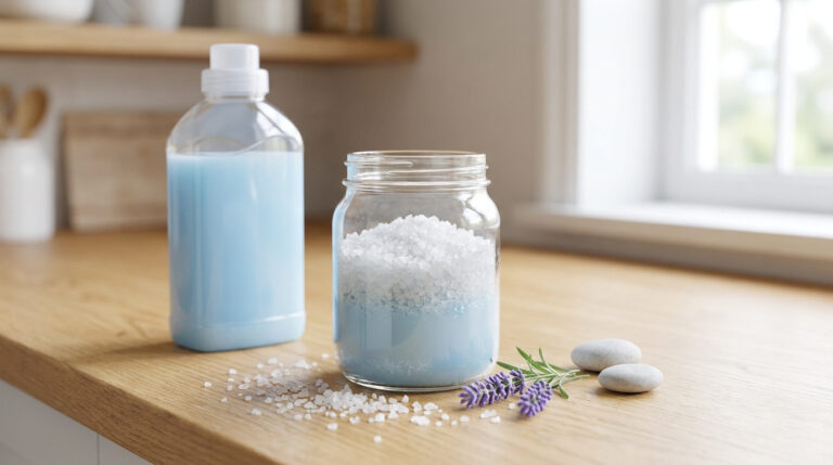 Bouteille de liquide bleu, bocal de sel et liquide, brins de lavande et pierres sur un comptoir en bois, pour désodorisant maison.