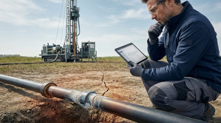 Un technicien aux lunettes et gants, analyse des données sur tablette, près d'une foreuse et d'un tuyau de géothermie.