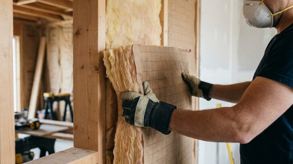 Un ouvrier installe de la laine de verre kraft dans une structure murale en bois, portant un masque et des gants de protection.