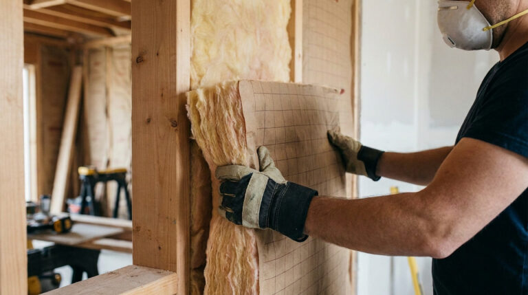 Un ouvrier installe de la laine de verre kraft dans une structure murale en bois, portant un masque et des gants de protection.