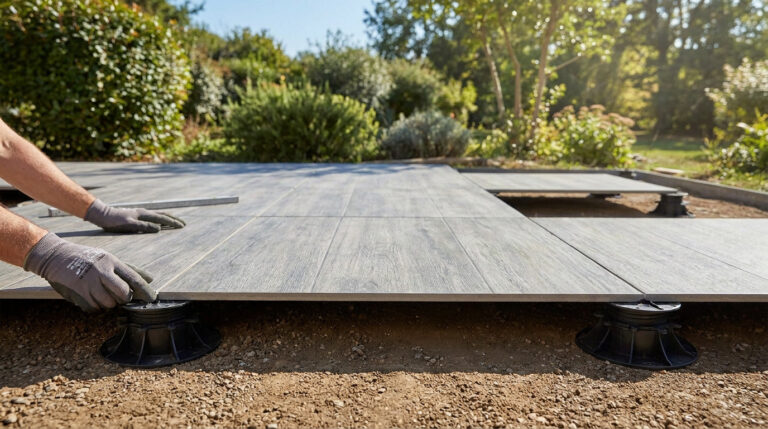 Mains gantées posant une dalle de carrelage gris imitation bois sur des plots noirs réglables, sur terre.