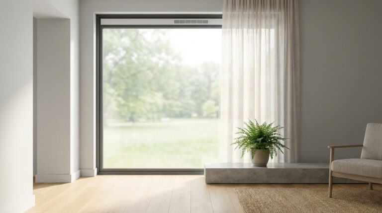 Fenêtre double vitrage moderne avec aérateur discret, rideau clair, plante verte sur banc, et vue sur verdure pour un air sain.