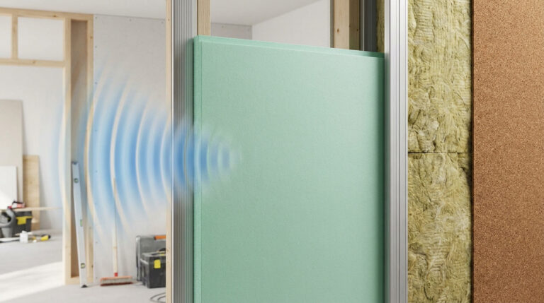 Illustration de l'isolation phonique d'un mur avec polystyrène extrudé vert, laine minérale et liège, stoppant des ondes bleues.
