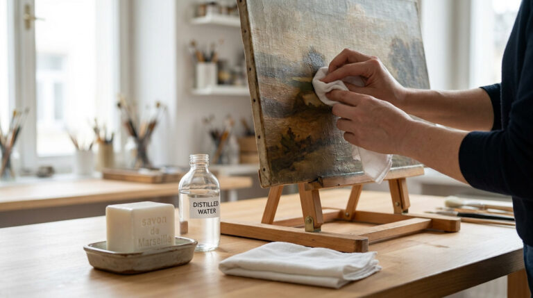 Des mains nettoient délicatement un tableau à l'huile sur un chevalet, avec savon de Marseille et eau distillée sur la table.