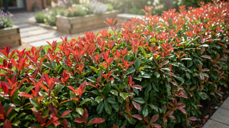 Haie de photinia Red Robin luxuriante avec de nouvelles pousses rouges vives et des feuilles vertes, dans un jardin paysager.