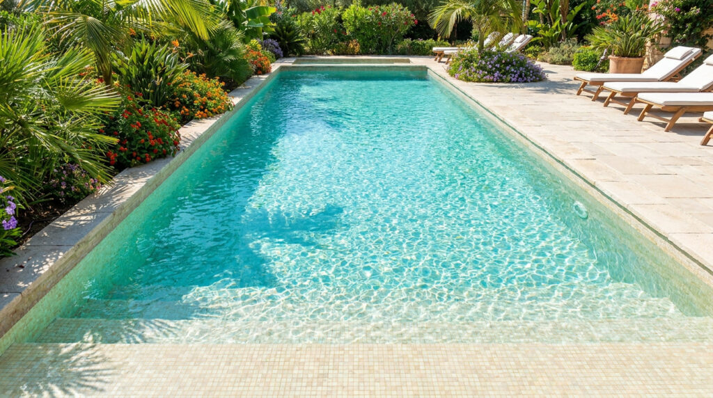 Une piscine rectangulaire à l'eau turquoise et cristalline, bordée de végétation luxuriante et de chaises longues.