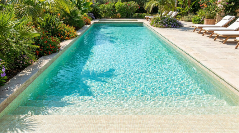 Une piscine rectangulaire à l'eau turquoise et cristalline, bordée de végétation luxuriante et de chaises longues.