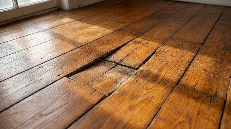 Gros plan d'un parquet ancien en bois brun, usé et marqué par le temps. Une latte est visiblement affaissée, créant un espace.