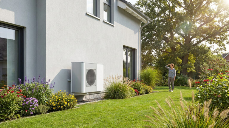 Pompe à chaleur moderne installée sur une maison avec un grand jardin fleuri. Une femme au loin contemple la nature environnante.